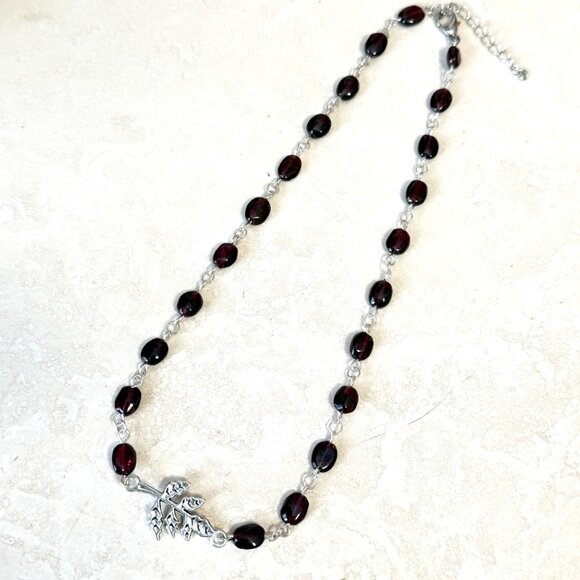 Genuine Garnet Short Necklace, Natural Gemstone w/ Leaf Branch Pendant - Picture 12 of 15